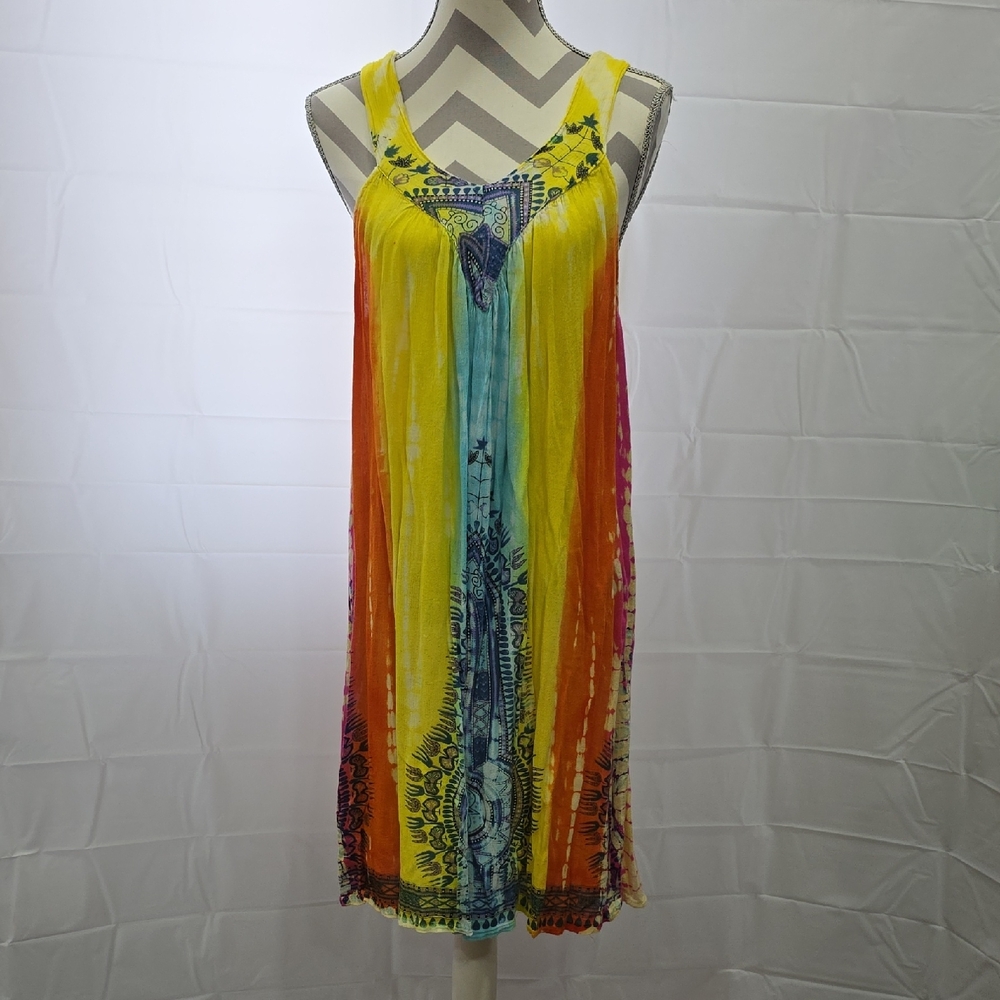 Yellow and Red Halter Mini Sundress. Hippie Bohodress